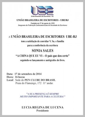 sonia sales convite UBE-RJ - Sonia Sales - 17 de Set 2014